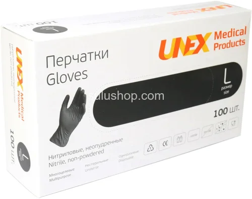 Перчатки нитриловые Unex неопудренные размер L черные 100шт